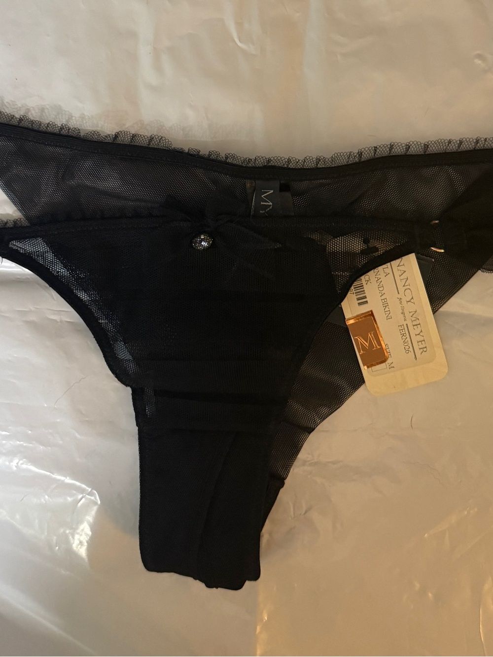 Myla London Sheer Black Thong - Elegant Medium lace jewel FERN026 nwt